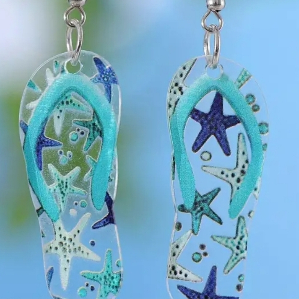 Flip Flop Earrings Dark Blue Light Blue Clear Silvertone New In Package NWOT New